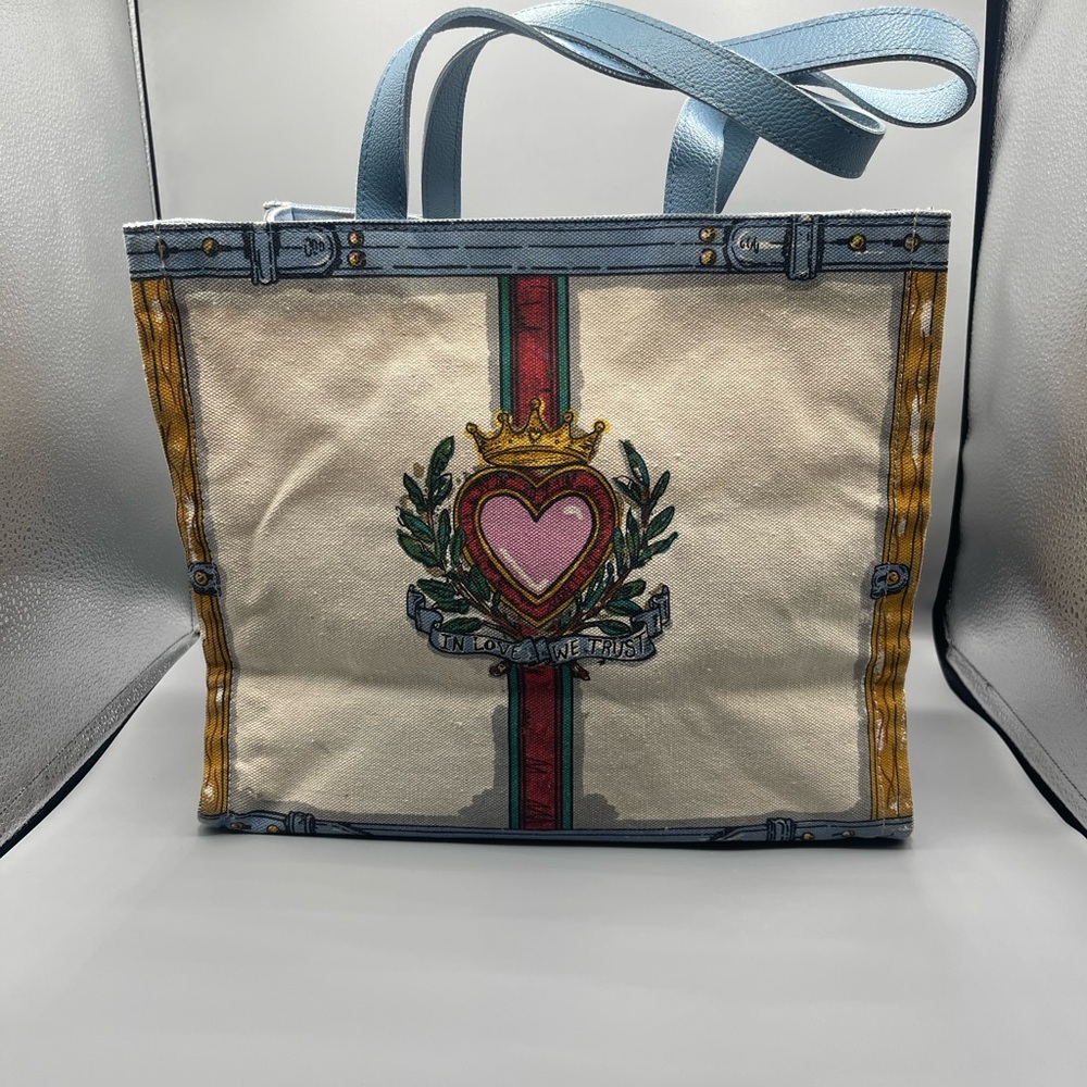 Brighton Canvas Tote with Heart Emblem - Cream and Blue
